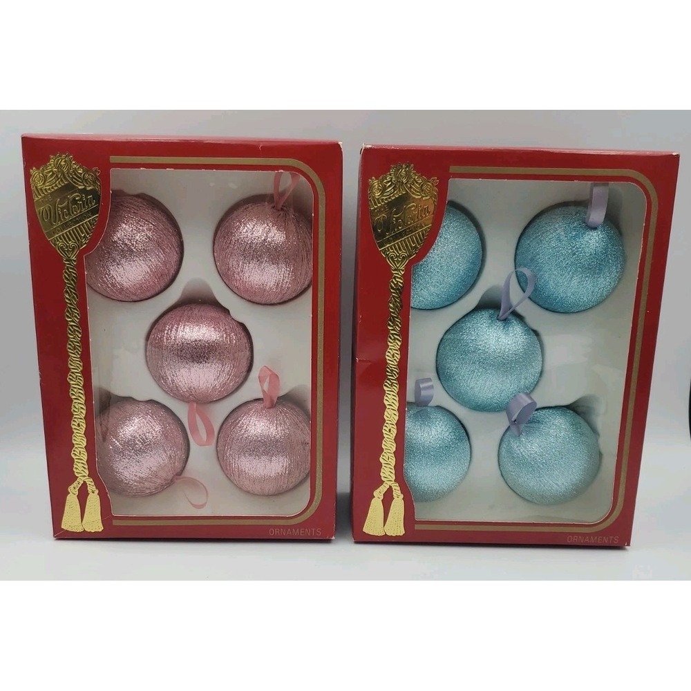 Vintage Victoria Collection Glitter Spun‎ Ball Ornaments Pink And Blue USA